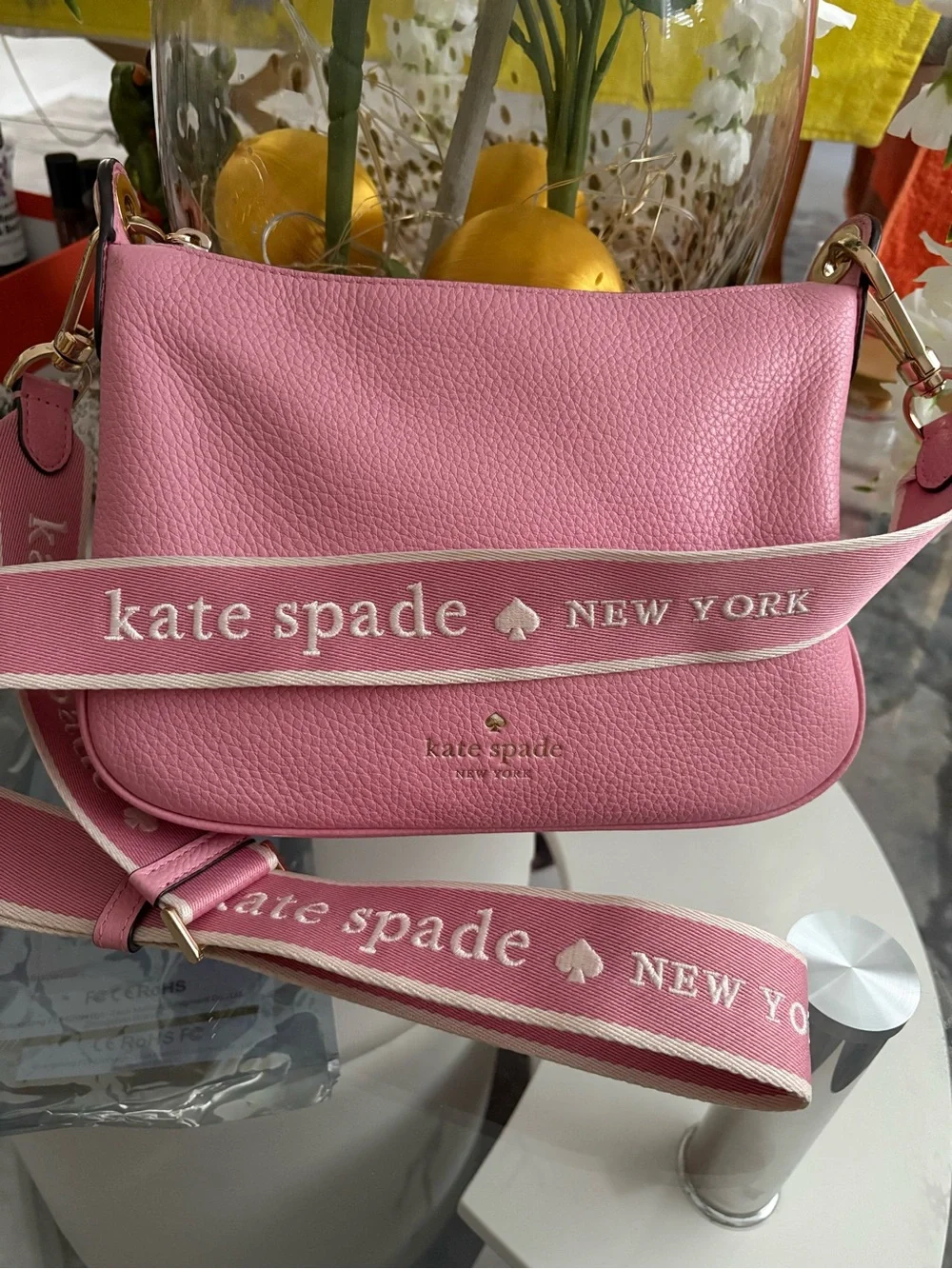 kate spade Pink Pebbled Leather Crossbody with Signature Strap